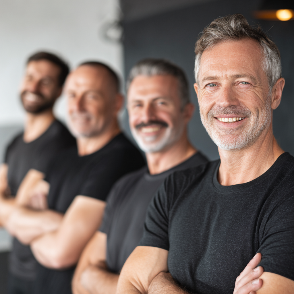 Confident elderly European man in athletic wear smiling while holding dumbbells in home gym setting